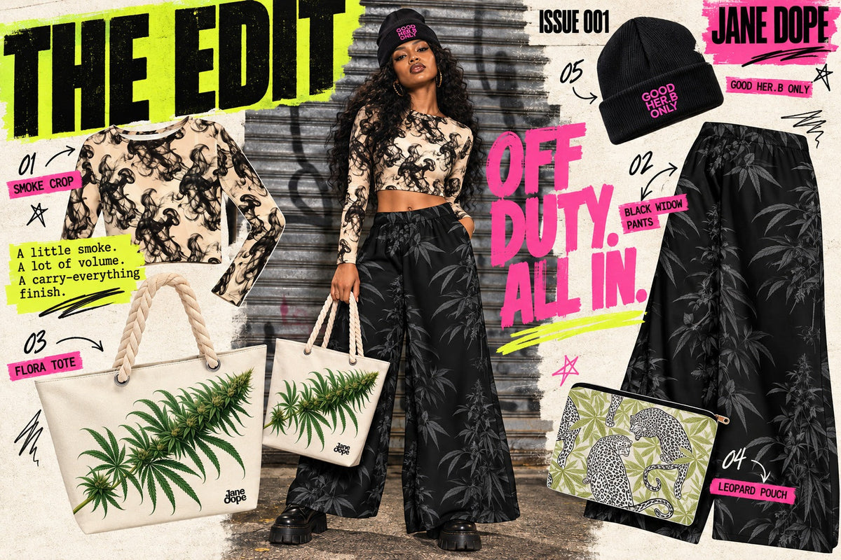 The Edit 001: full-length Smoke crop and Black Widow pants outfit with the Flora tote, Leopard pouch and black GOOD HER.B ONLY beanie.