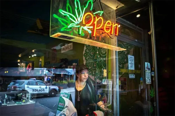 Abi roach standing in the hotbox window of hotbox cafe in Toronto 2018