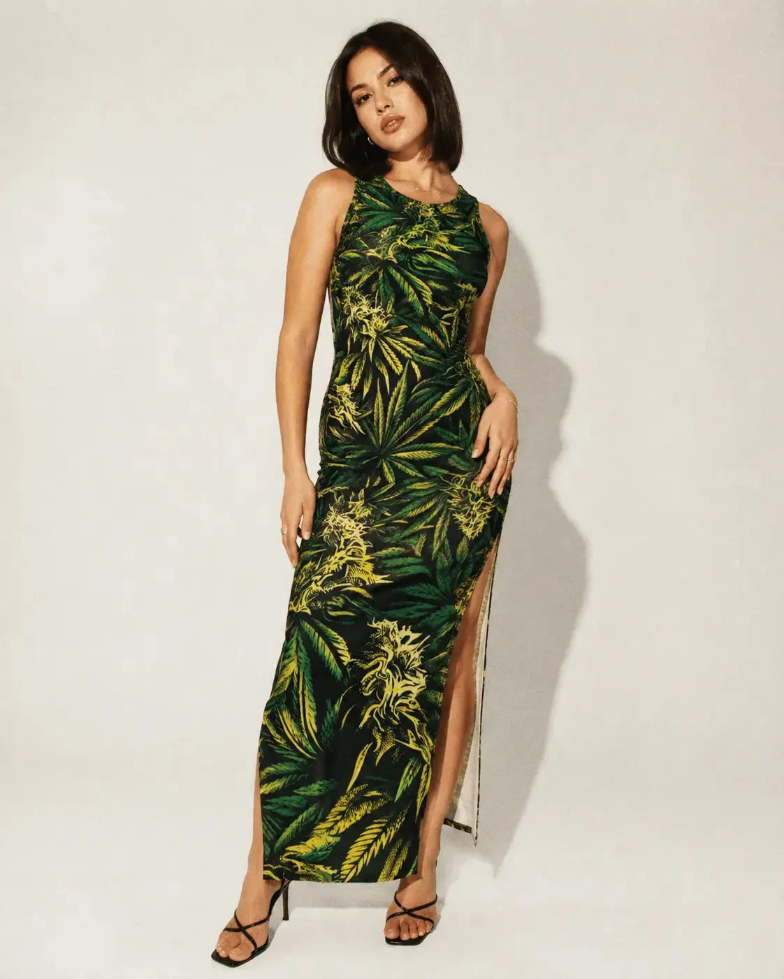 Jane Dope bud print sleeveless long dress, front view on model