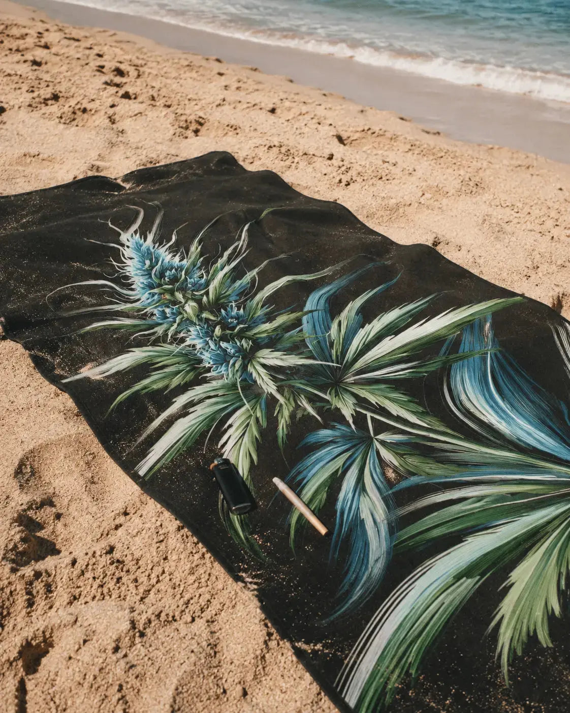 Jane Dope blue dream floral print beach towel, flat lay showing full print