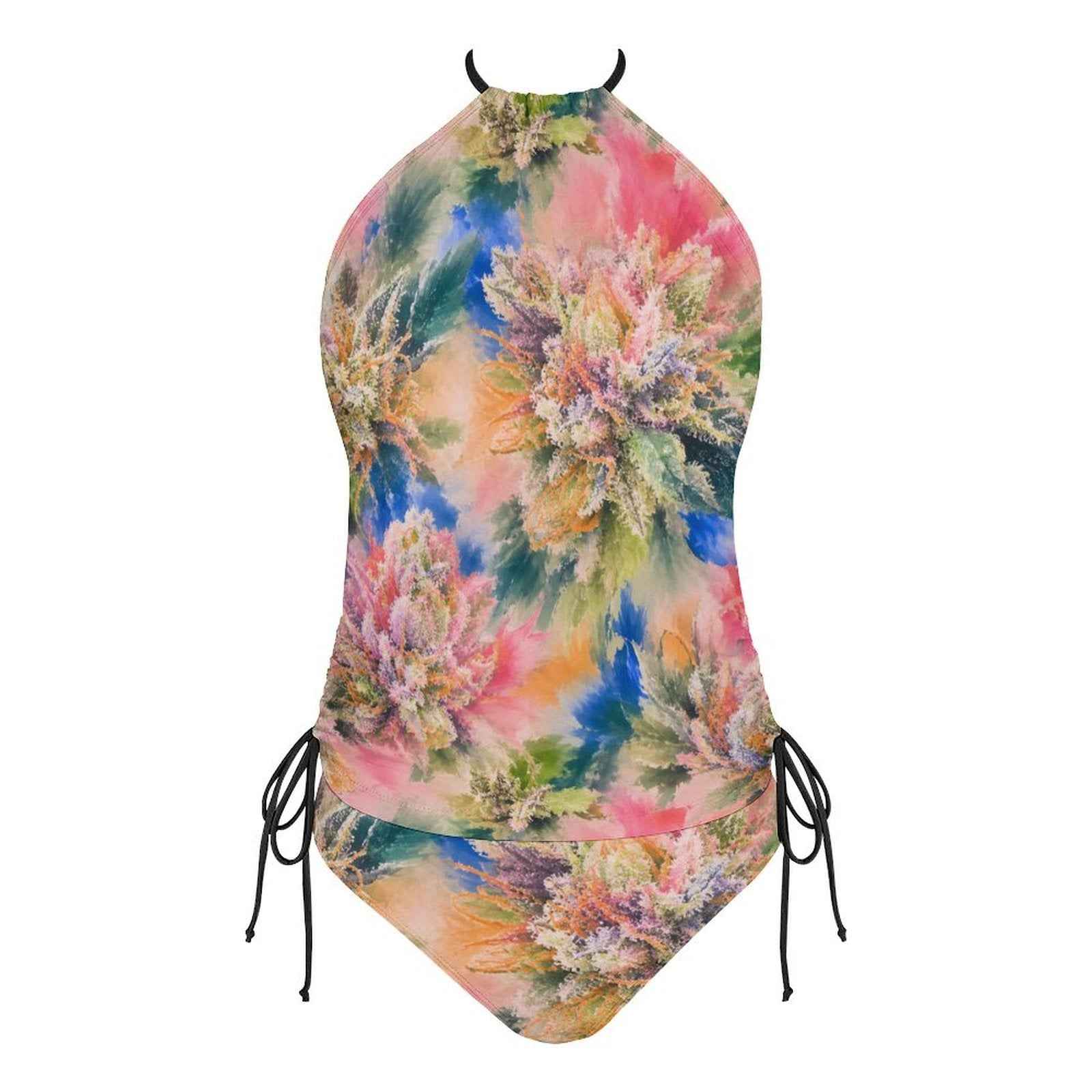 Sherbs print halter tankini bikini, back view on model