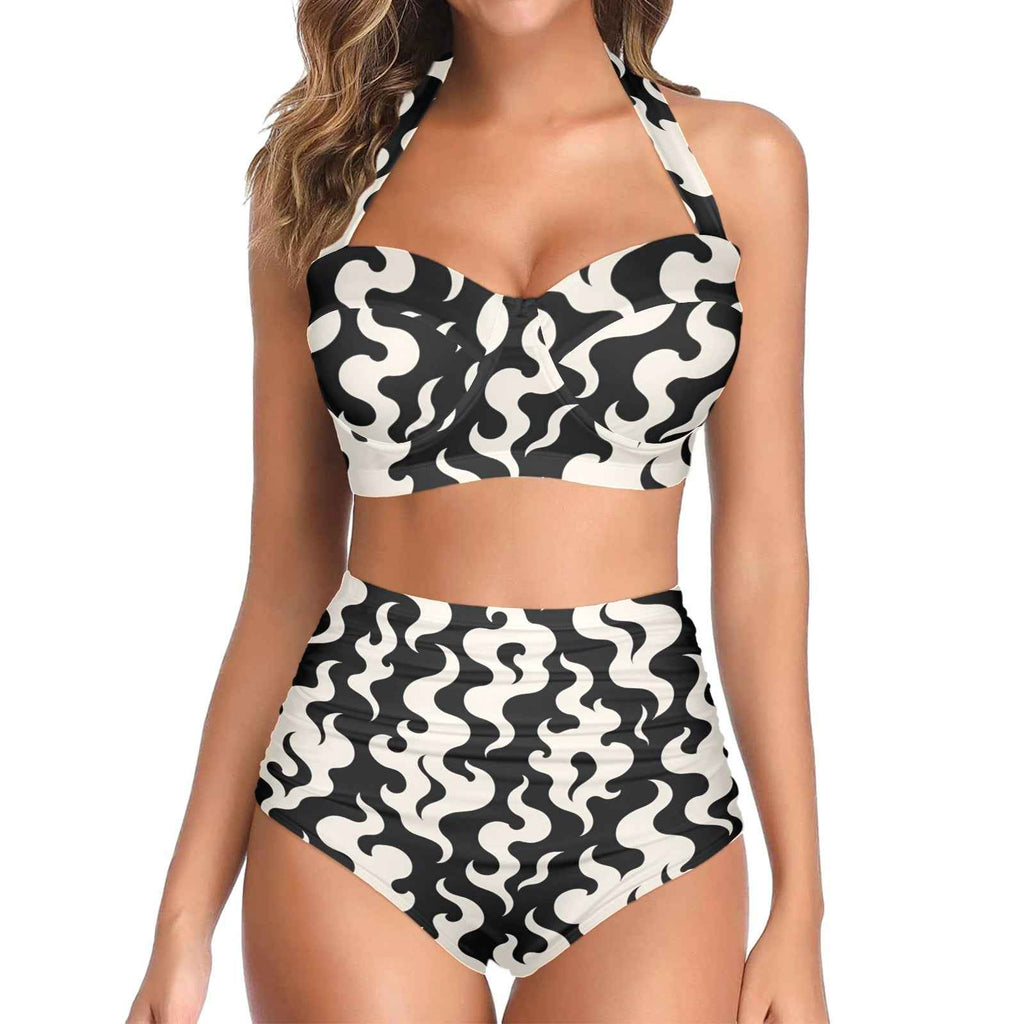 Puff print halter bikini, flat lay showing top and bottoms
