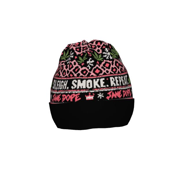 Sleigh Smoke Repeat beanie original front reference with pink leopard motifs and green leaves.