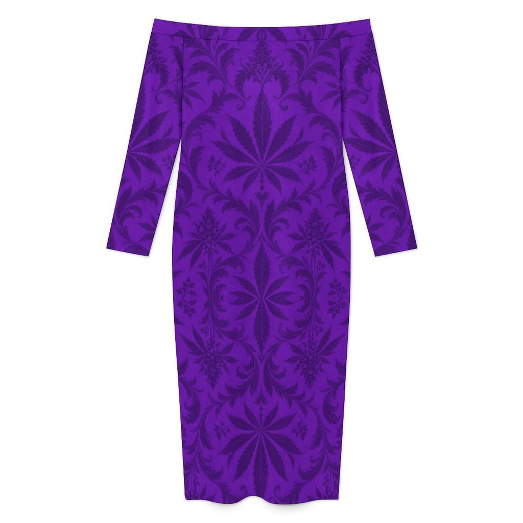 Flat product view of the Gelato dress showing the all-over violet and dark-purple botanical pattern.