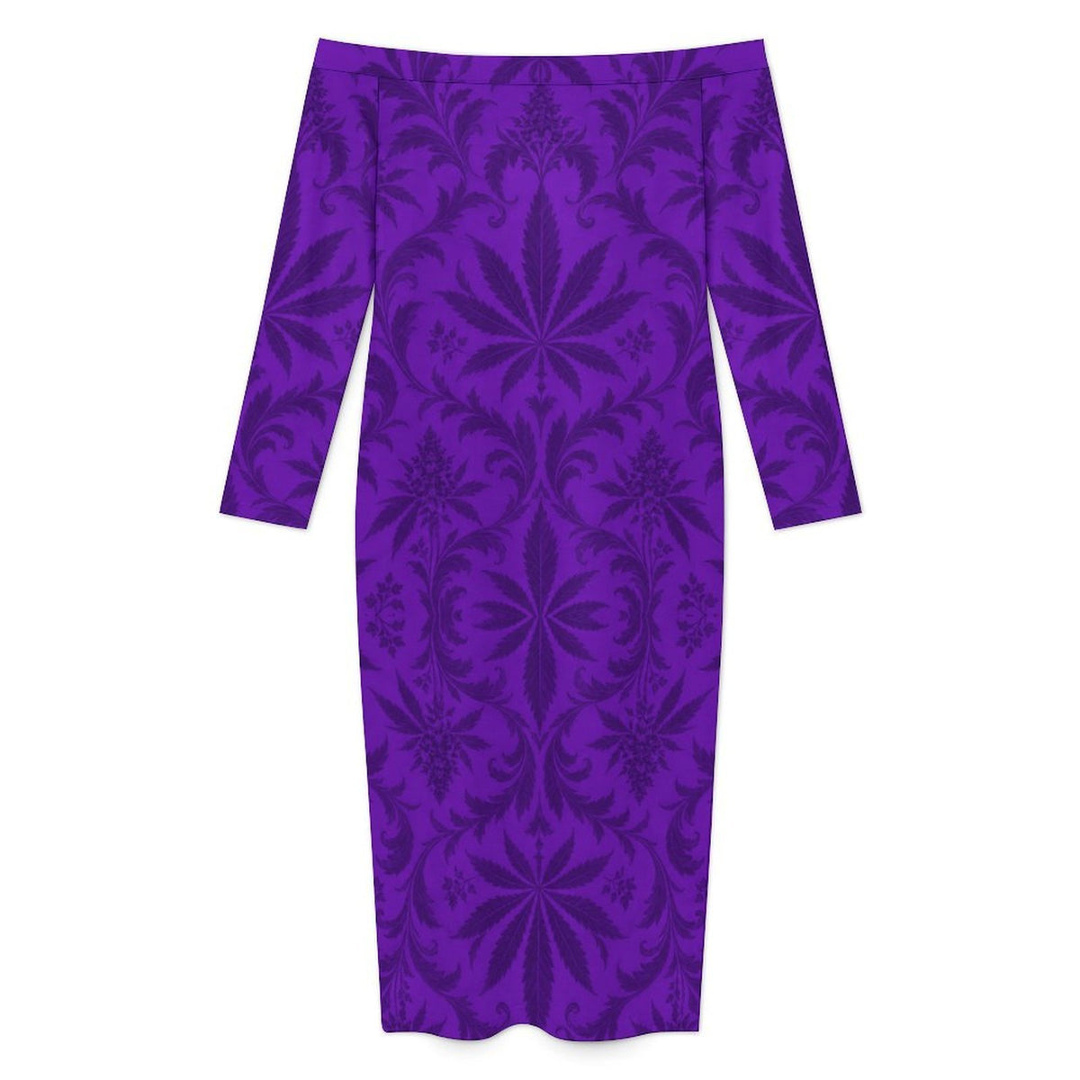 Flat product view of the Gelato dress showing the all-over violet and dark-purple botanical pattern.
