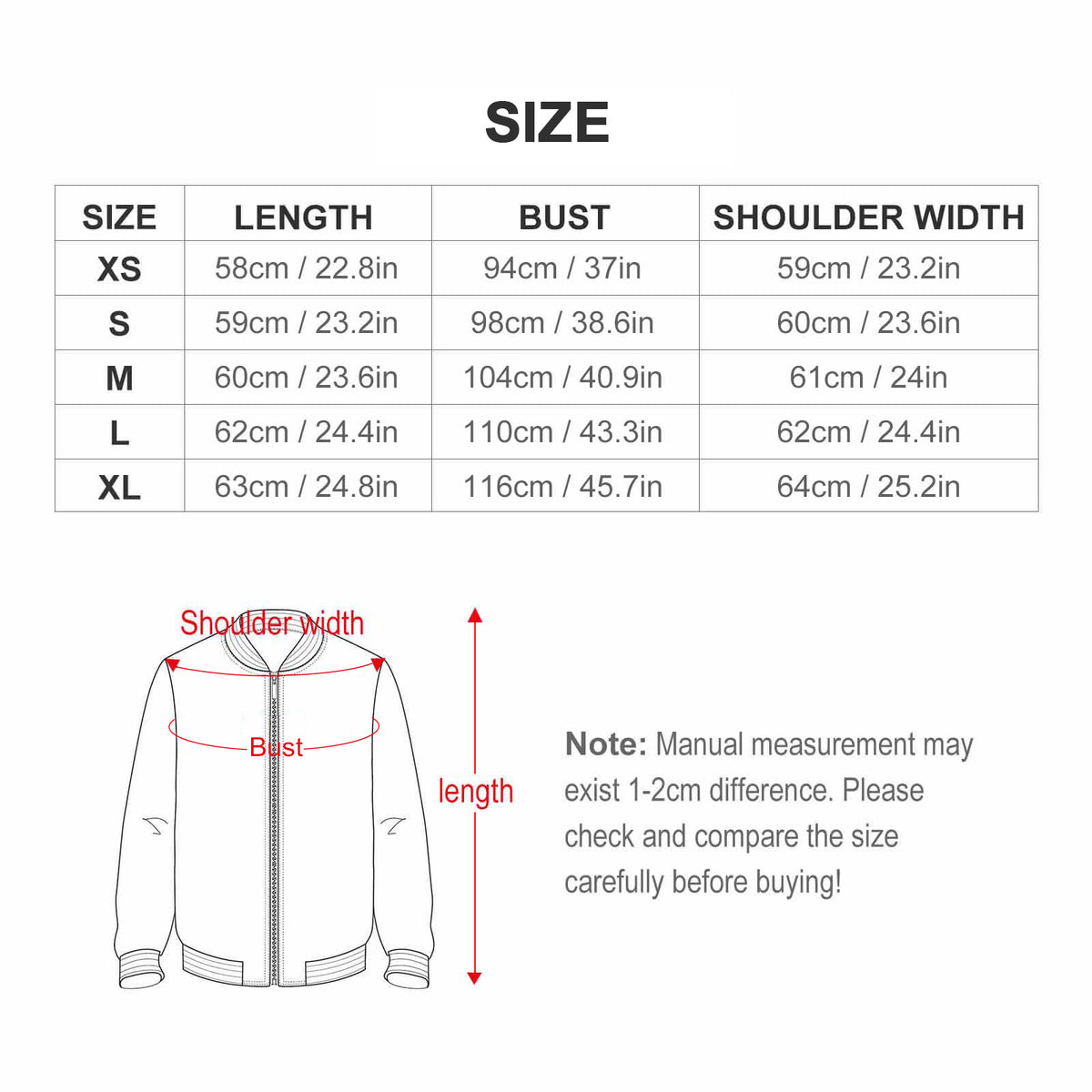 Black Widow Fall Jacket supplier size chart for XS–XL, with garment length, bust and shoulder width in centimetres and inches.