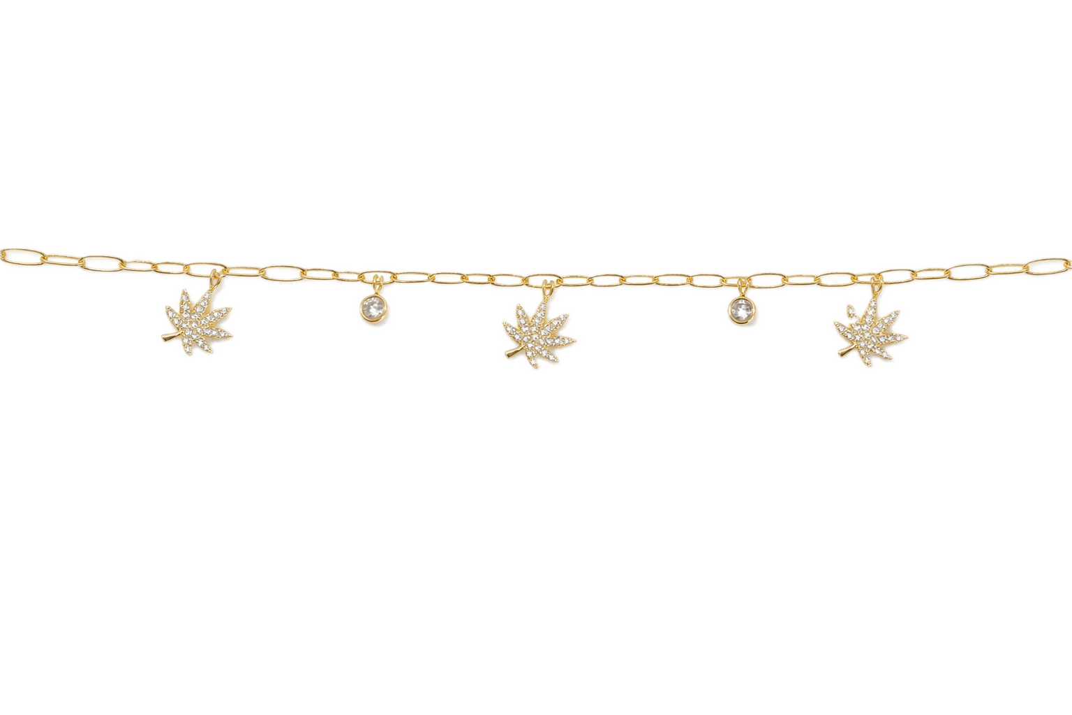 18K gold charmed bracelet with botanical charms, product shot on white background