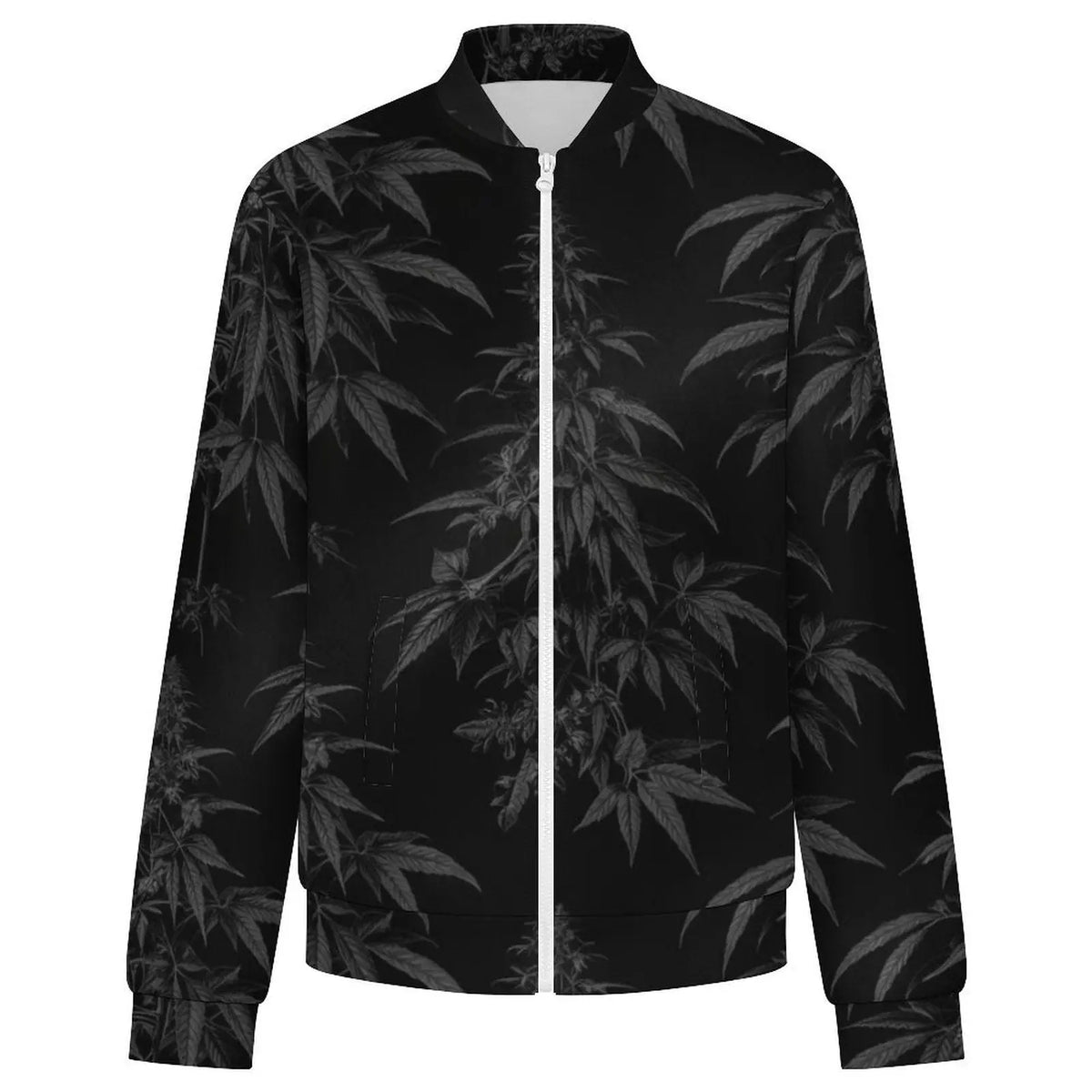 Black Widow bomber jacket, original product-only front view with white zipper and two pockets.