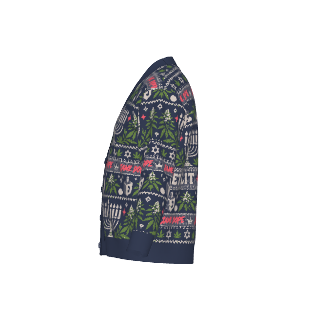 Get Lit Hanukkah cardigan original right side reference, with navy trim and knitted holiday motifs.