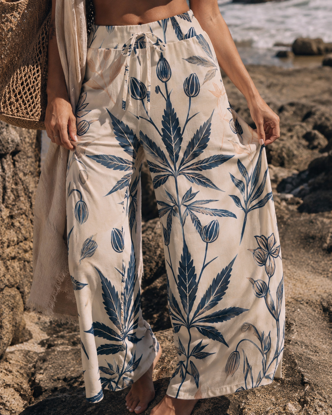 Soft sativa leaf print wide leg lounge pants, waistband detail close-up