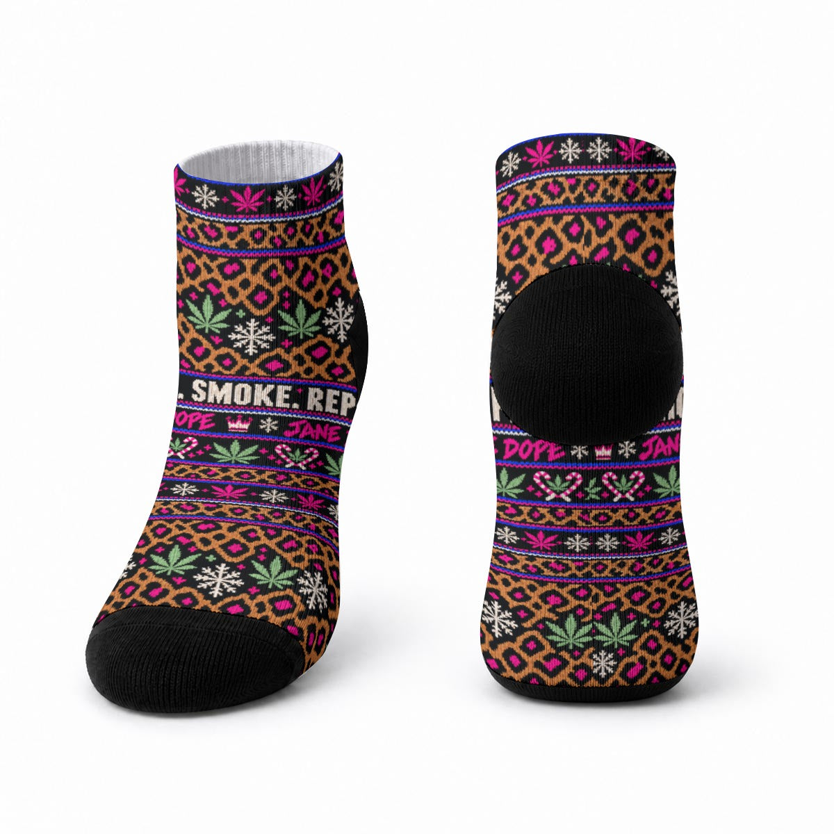 Front and back product views of Smoke Sleigh Repeat ankle socks on white, showing the holiday print and contrasting black toe and heel.