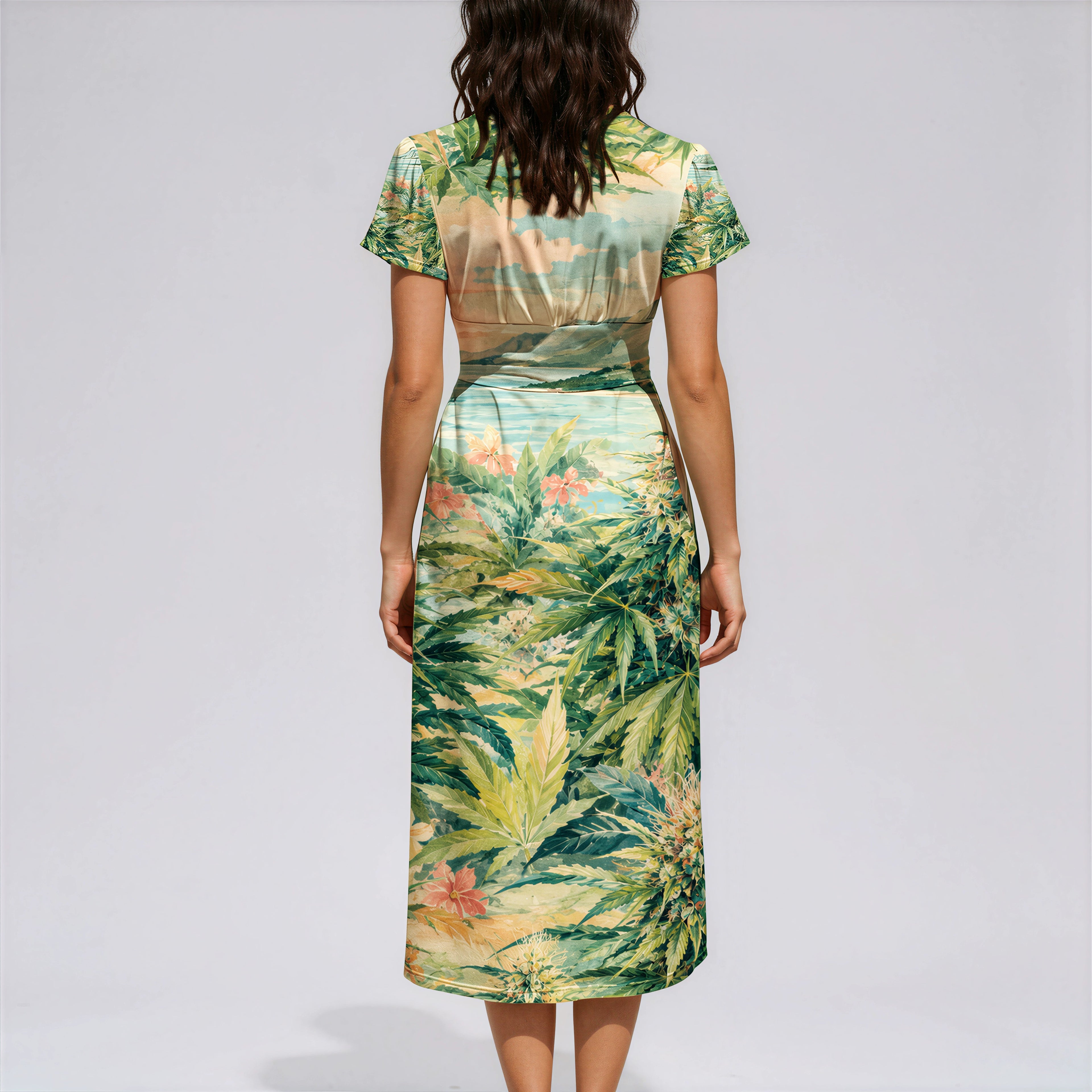 All-over Print Women's V-Neck Flutter Sleeve Midi Dress Yoycol