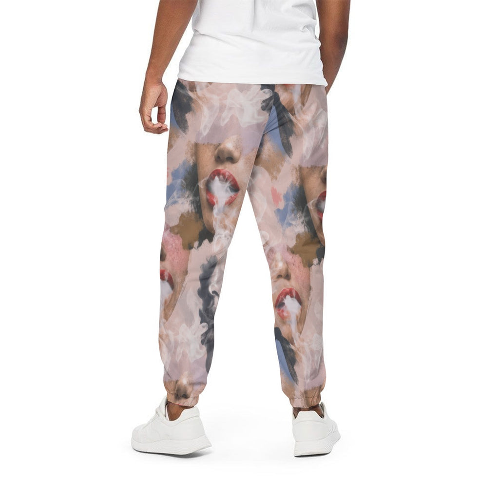Squad all-over print cotton pants, side view on model showing silhouette