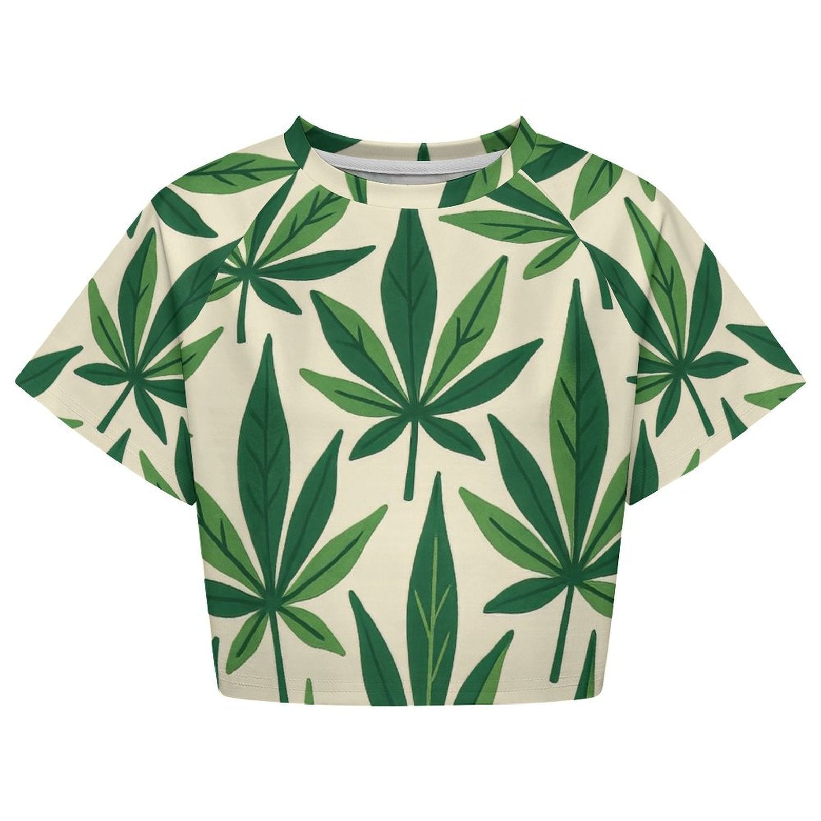 Green cannabis leaf print cropped raglan t-shirt, flat lay front