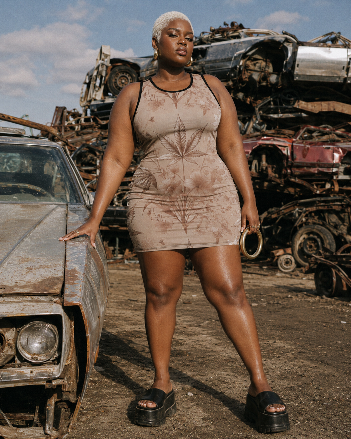 Rosey G rose graphic print sleeveless tank dress, lifestyle editorial shot on model