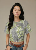 Jane Dope Leopard Cropped Raglan T-Shirt — leopard print cropped athletic raglan tee