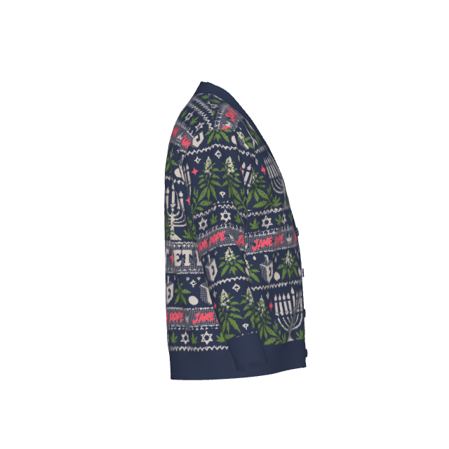 Get Lit Hanukkah cardigan original left side reference, with navy trim and knitted holiday motifs.