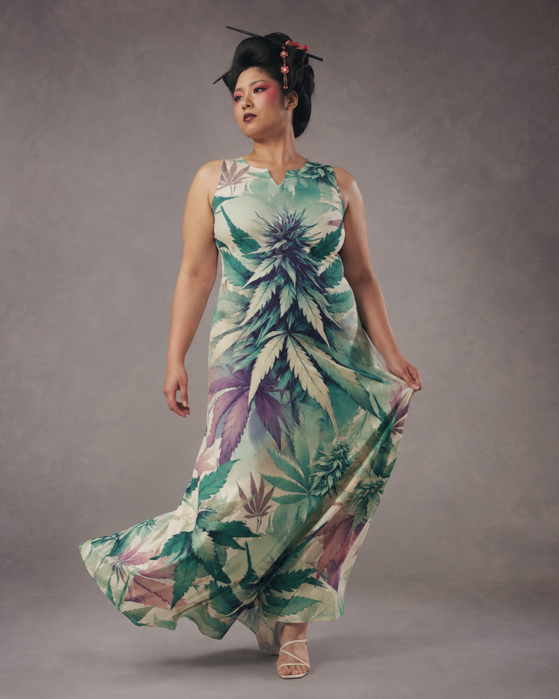 Cola Love graphic print long pocket dress, full length view on model outdoors