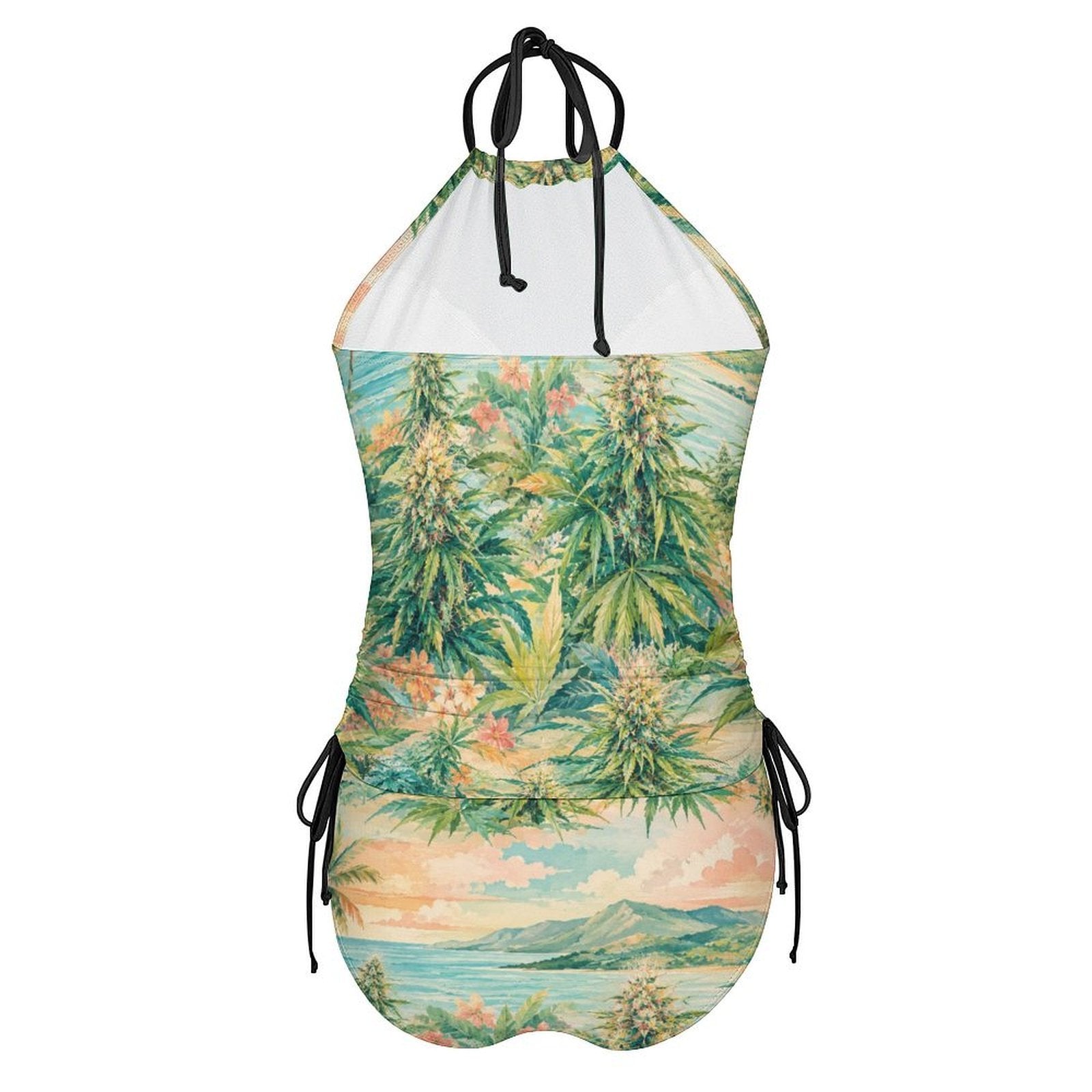 Ganja breeze tropical print tankini bikini, flat lay showing top and bottoms