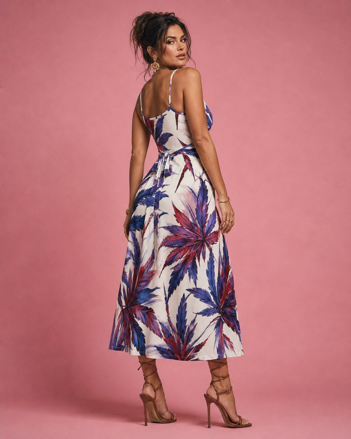 Mendo print tie-waist dress, three-quarter view on model