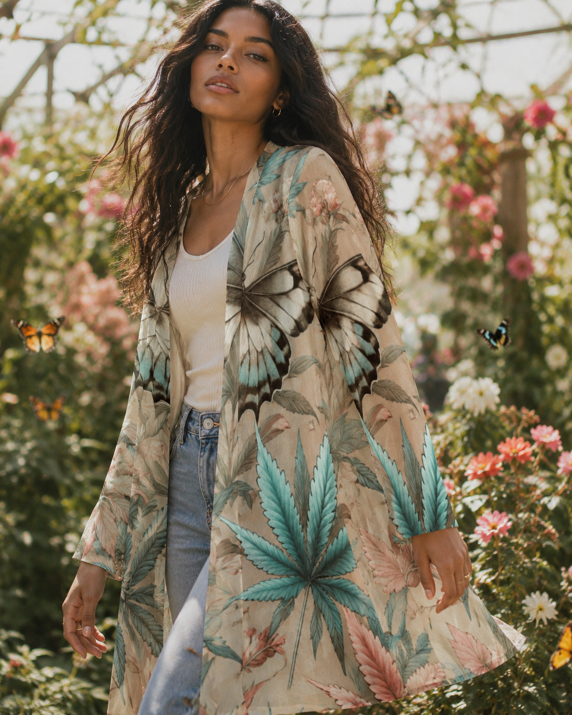 Jane Dope all-over print open-front mid-length cardigan, front view on model