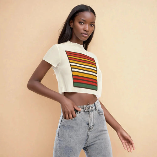 Jane Dope 56 HOPE print sheer mesh cropped top, front view on model