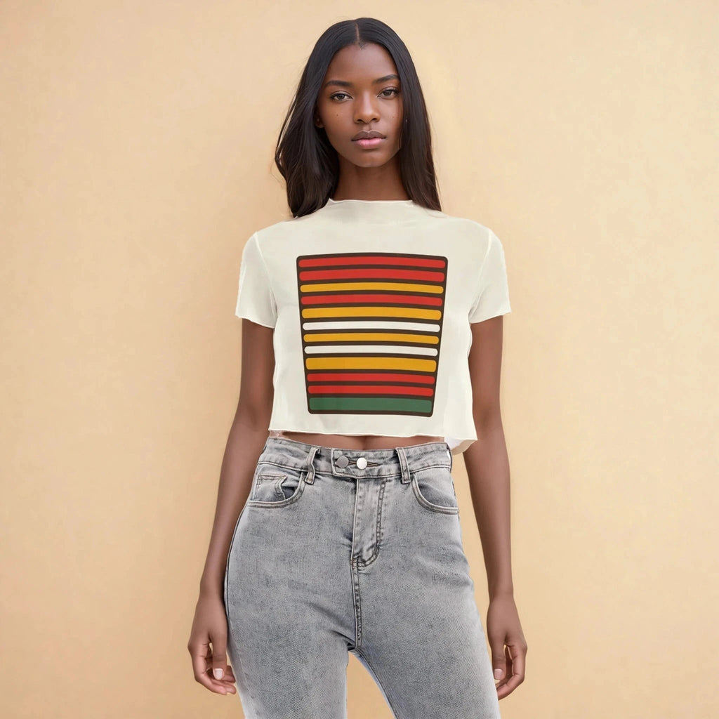 56 HOPE print mesh crop top, back view showing sheer fabric