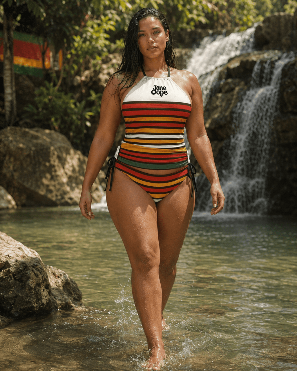 56 HOPE print backless long sleeve swimsuit, back view showing open back detail