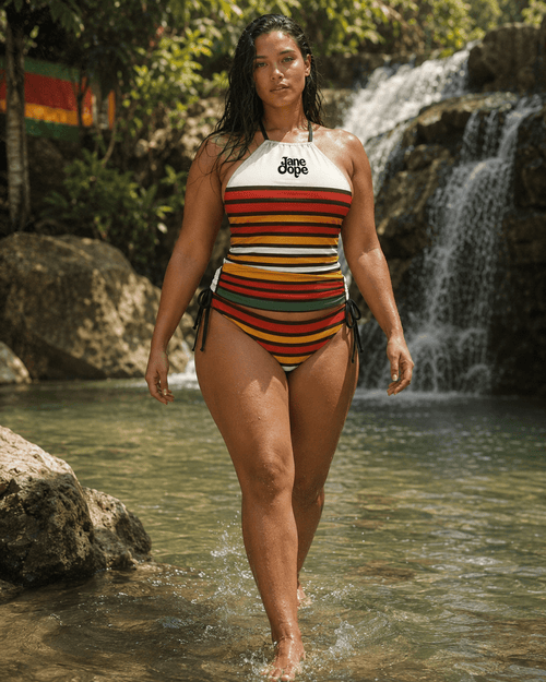 56 HOPE print backless long sleeve swimsuit, back view showing open back detail