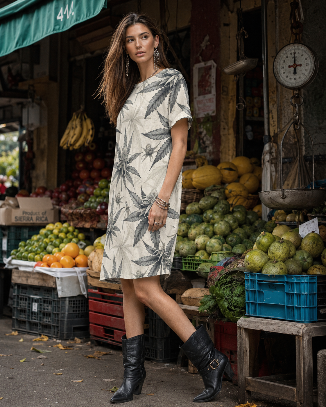 Jane Dope leaf print women's t-shirt dress, front view on model