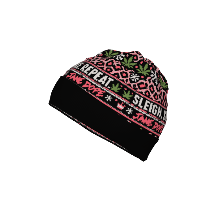 Sleigh Smoke Repeat beanie original tilted right view showing the repeating slogan and black trim.