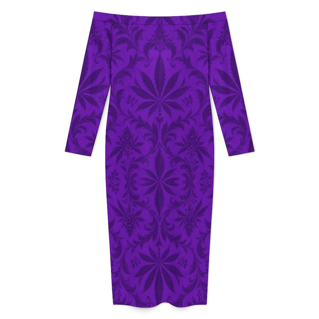 Flat front product view of the Gelato violet botanical maxi dress with a straight off-shoulder neckline and long sleeves.