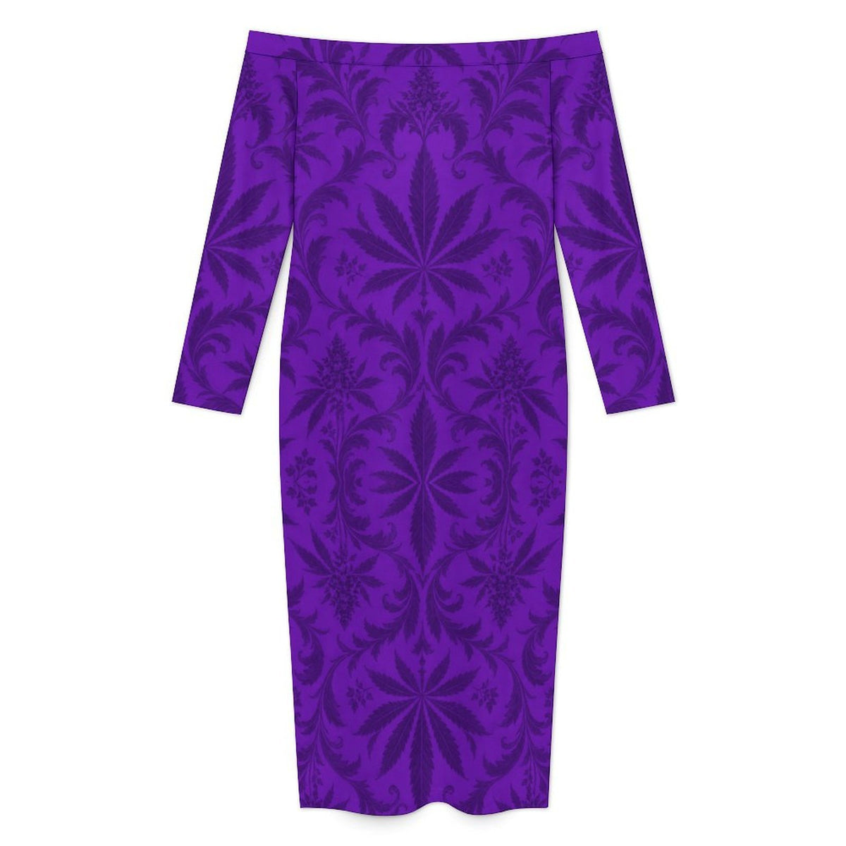 Flat front product view of the Gelato violet botanical maxi dress with a straight off-shoulder neckline and long sleeves.