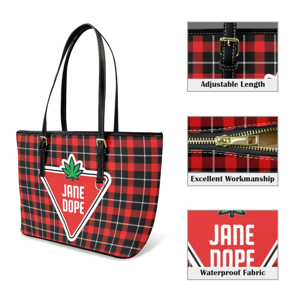 Red and black plaid tote bag with black handles, a large red triangular 'JANE DOPE' logo patch on the front, and three inset detail images showing adjustable length, zipper quality, and waterproof fabric.