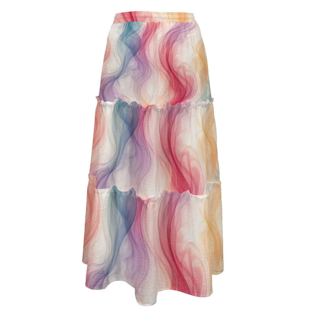 Ethereal smoke print tiered maxi skirt, back view on model