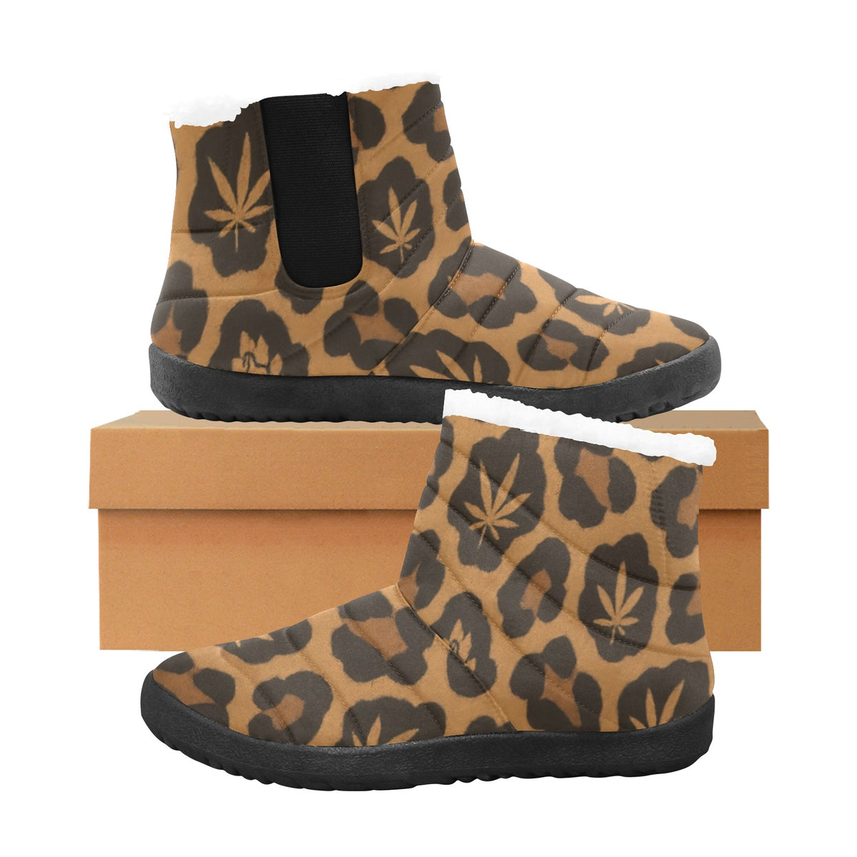 Leopard Booties arranged beside a shoebox, showing the printed outer side and black elastic inner panel.