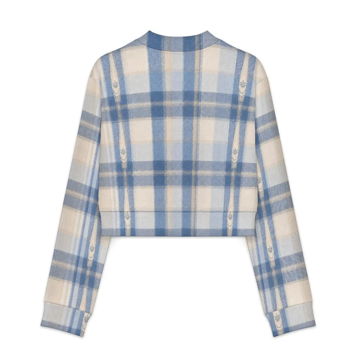 Sunday Sesh blue-and-cream plaid cropped jacket, original back product view showing long sleeves and straight cropped hem.