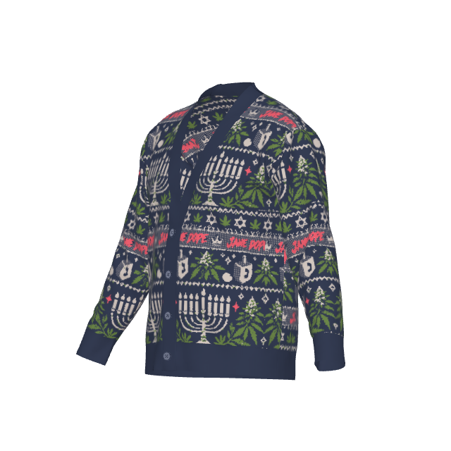 Get Lit Hanukkah cardigan original right three-quarter reference, with navy trim and knitted holiday motifs.