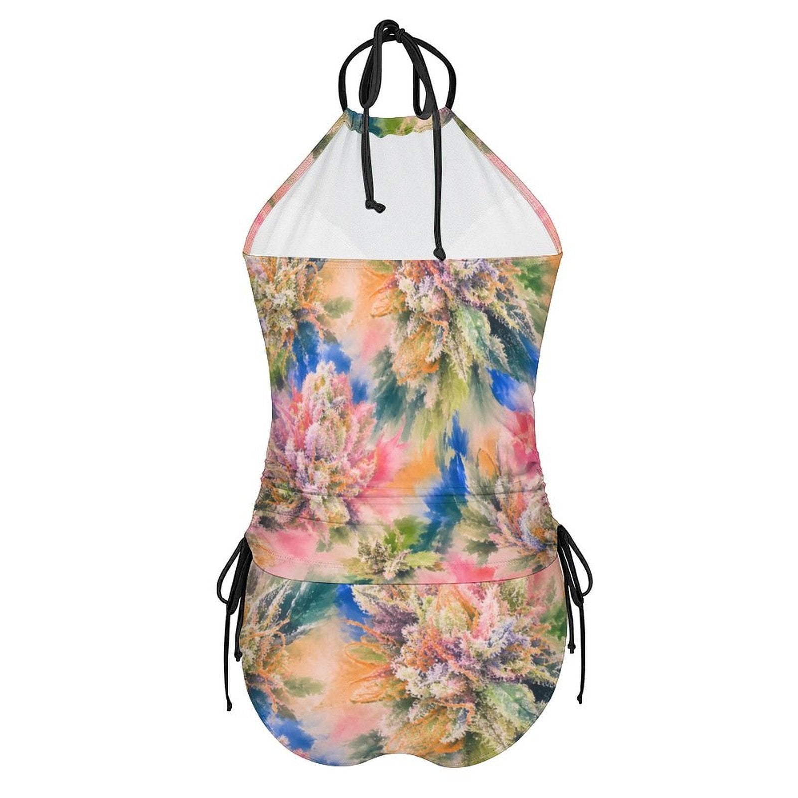 Sherbs print halter tankini bikini, flat lay showing top and bottoms