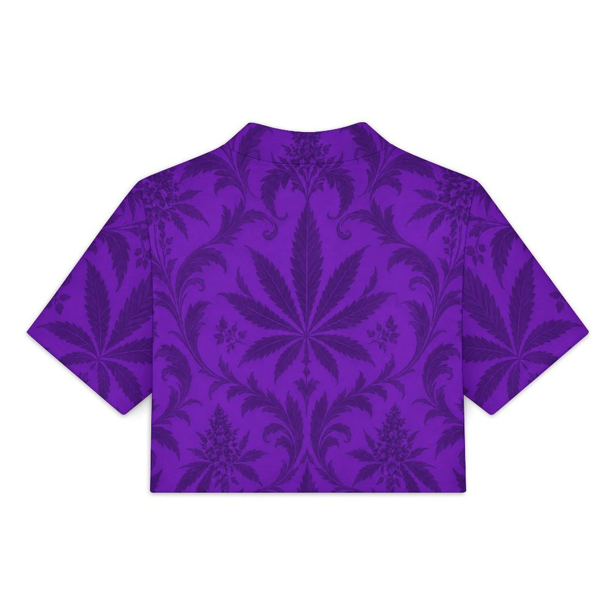 Back product view of the violet Gelato cropped bolero with a large central botanical leaf motif.