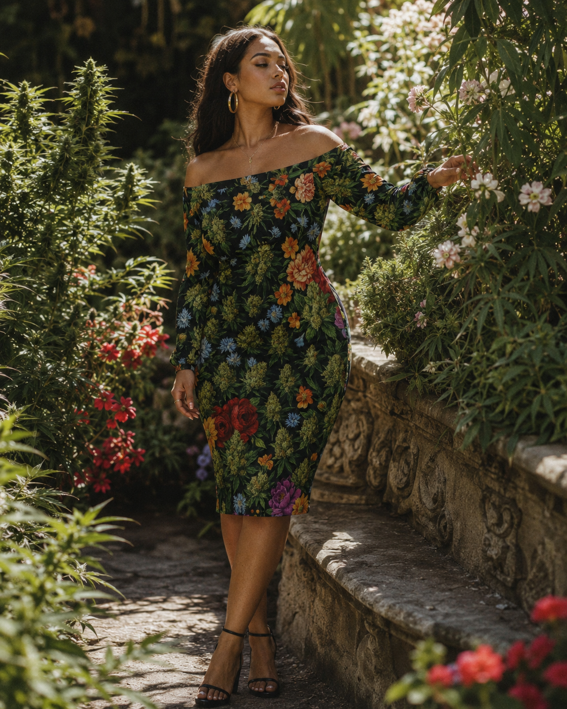 Floral bloom print off-the-shoulder long sleeve dress, three-quarter view on model