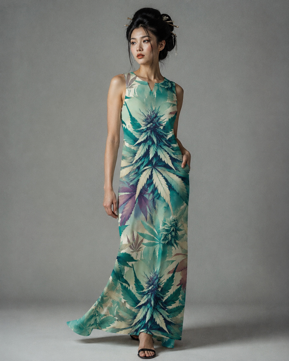 Cola Love graphic print long pocket dress, back view on model