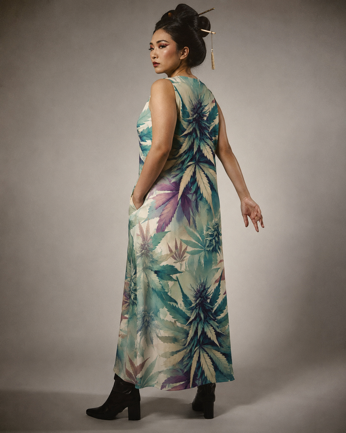 Cola Love graphic print long pocket dress, walking shot on model