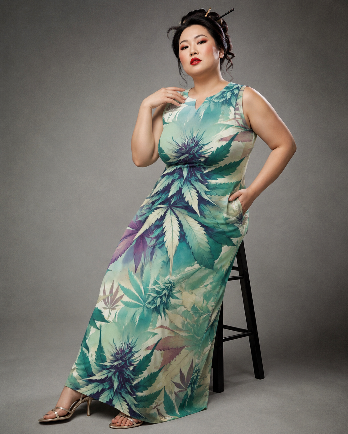 Cola Love graphic print long pocket dress, lifestyle editorial shot on model
