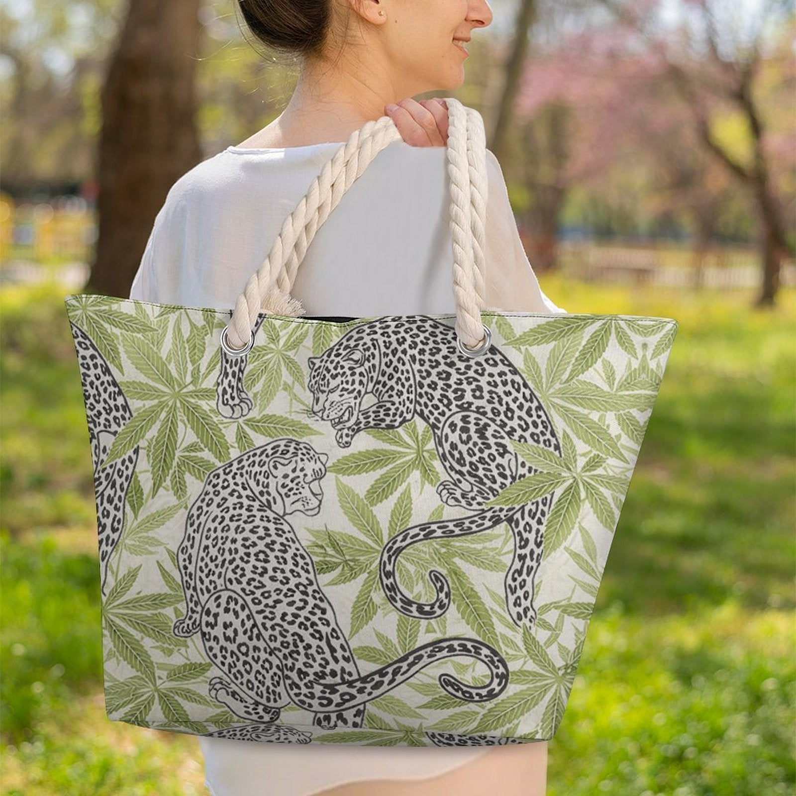Leopard Hemp Rope Tote — side view showing rope handle detail