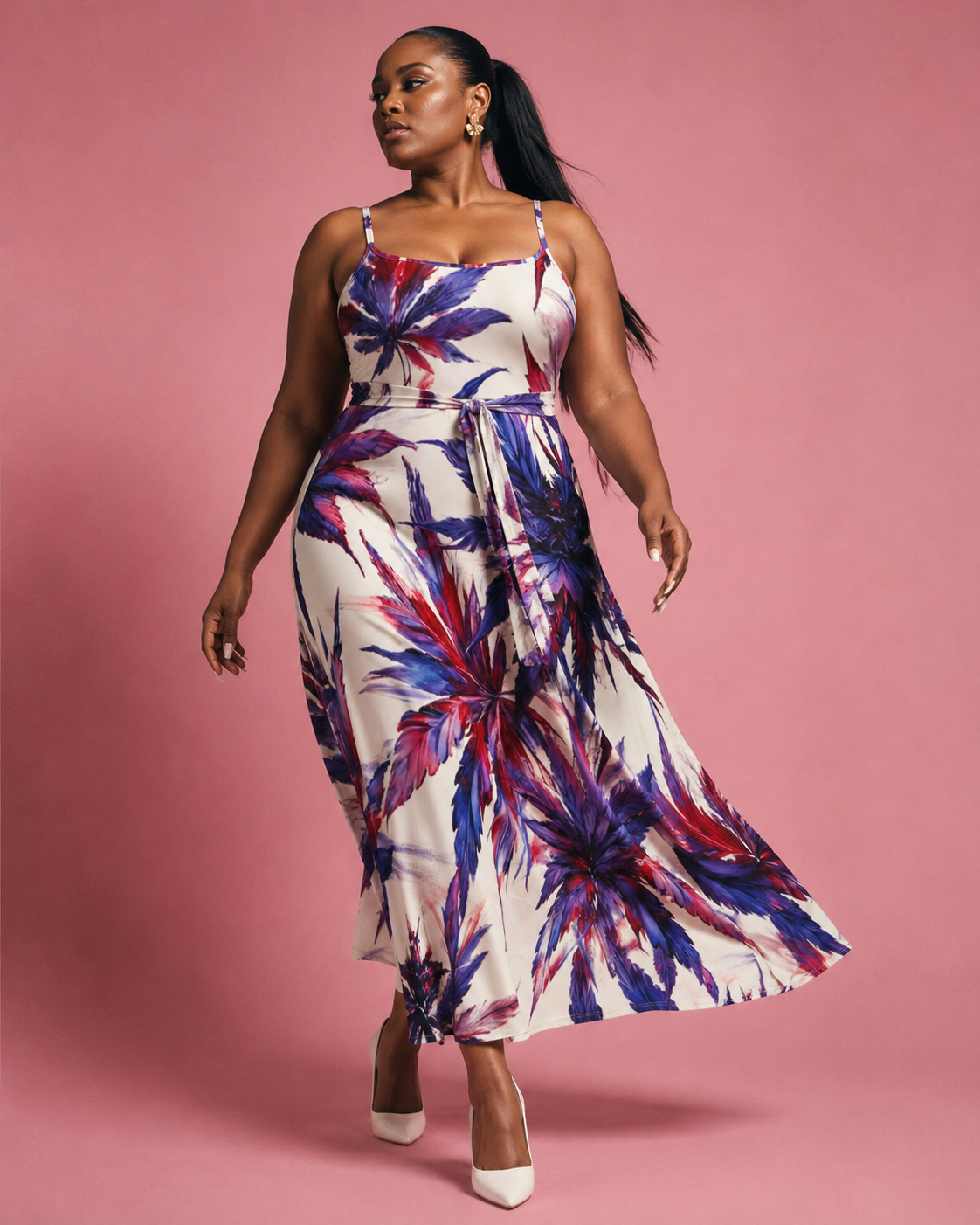Mendo print tie-waist dress, lifestyle editorial shot on model