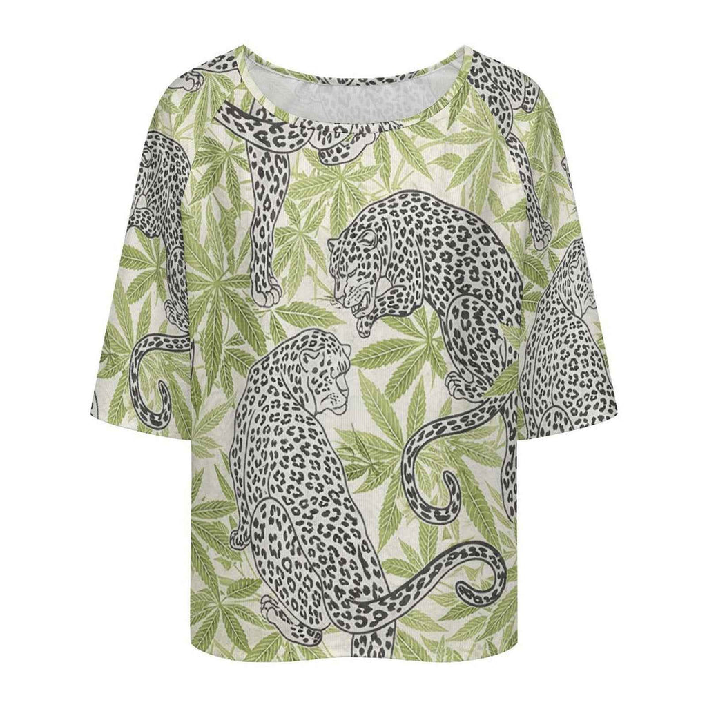Leopard Loose Half-Sleeve Boat Neck T-Shirt