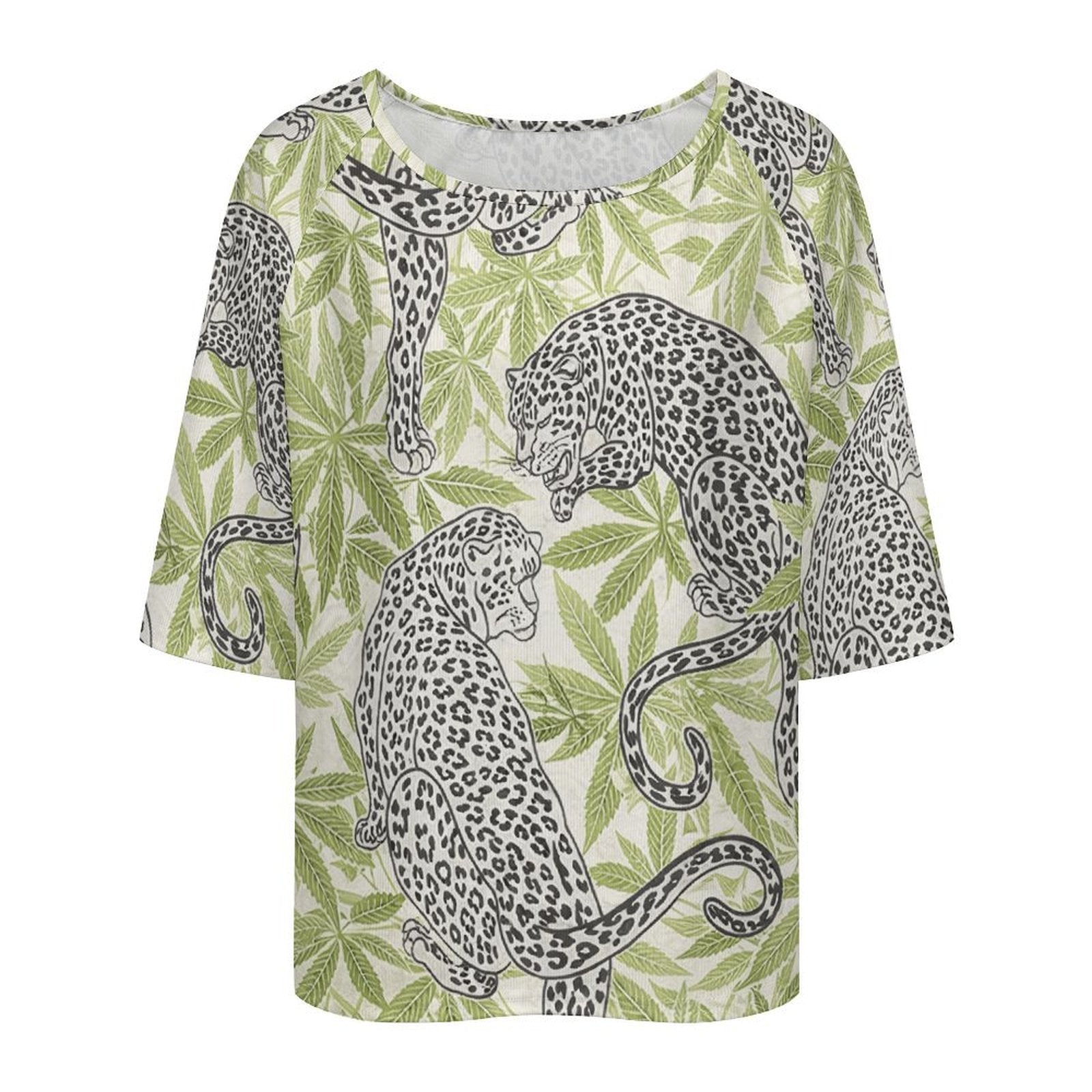 Leopard Loose Half-Sleeve Boat Neck T-Shirt