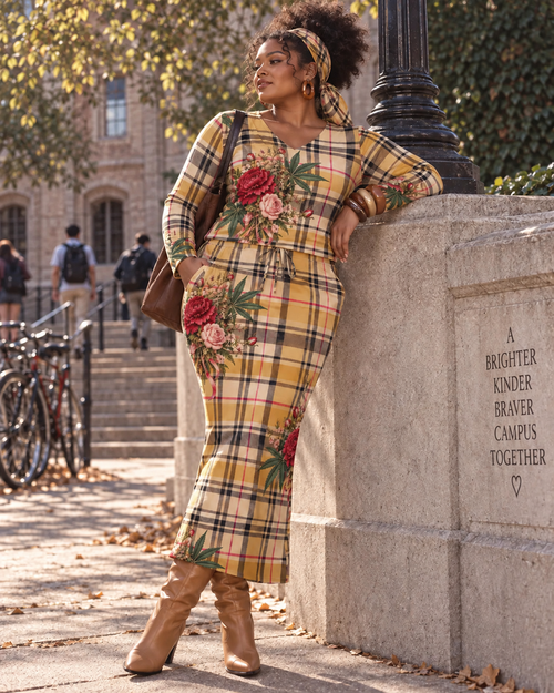 Model wearing Jane Dope 90s Sess Clueless plaid top and maxi pocket skirt set