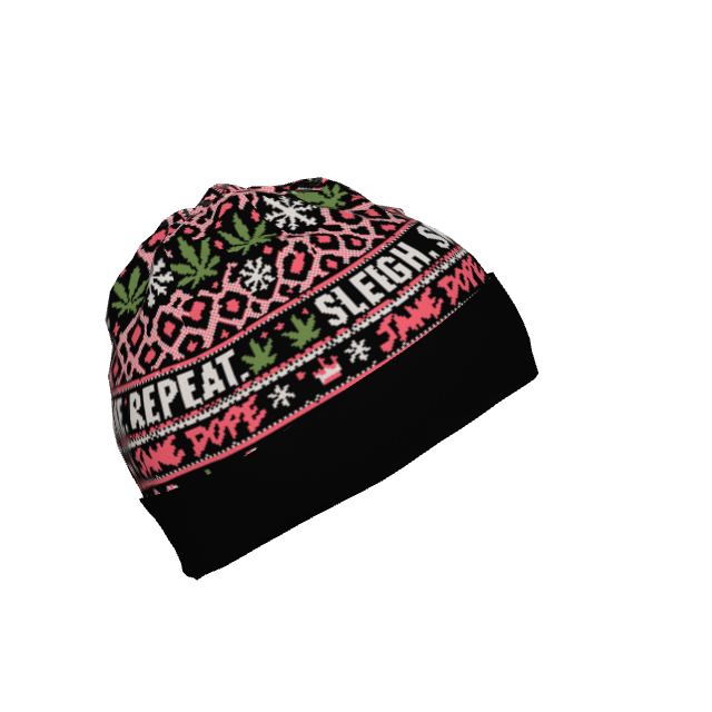 Sleigh Smoke Repeat beanie original tilted left view showing knitted holiday motifs.